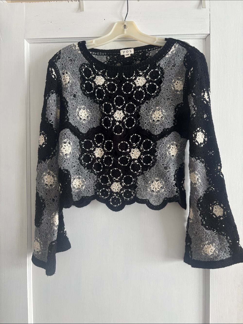 POL Crochet Floral Lace Long Sleeve Crop Top in Black, Gray & Cream